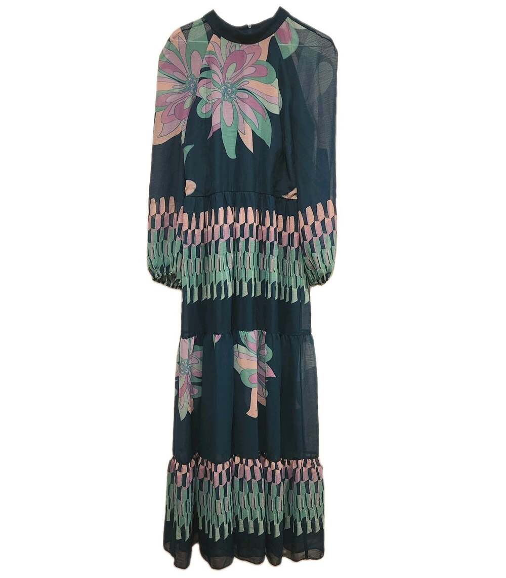 Designer Maison Tara Green Teal Pink Floral Chic Sheer Lined Longsleeve Dress 12